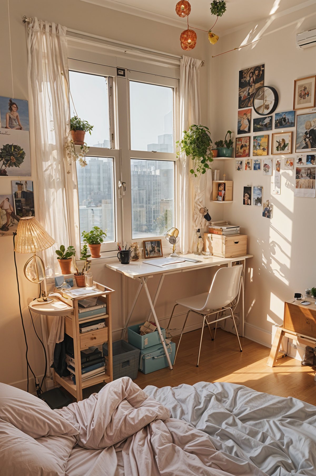 A dorm room with a desk, chair, and a window. The room is filled with potted plants and pictures on the wall. The desk has a laptop and books on it. The room is bright and sunny, with a cozy atmosphere.