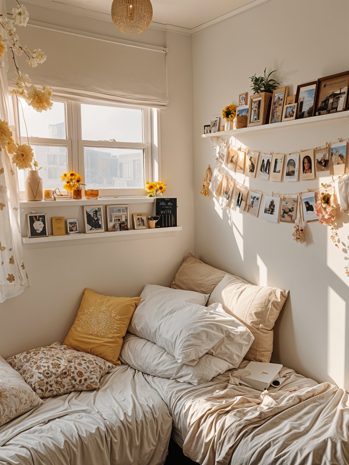 A cozy dorm room with a white bed, pillows, and a window with yellow flowers. The room is decorated with a string of photos and various knick knacks, creating a warm and personalized atmosphere.