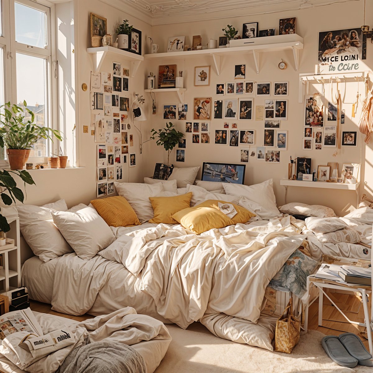 A cozy dorm room with a large bed, a couch, and a window. The room is decorated with numerous pictures and plants, creating a warm and inviting atmosphere.