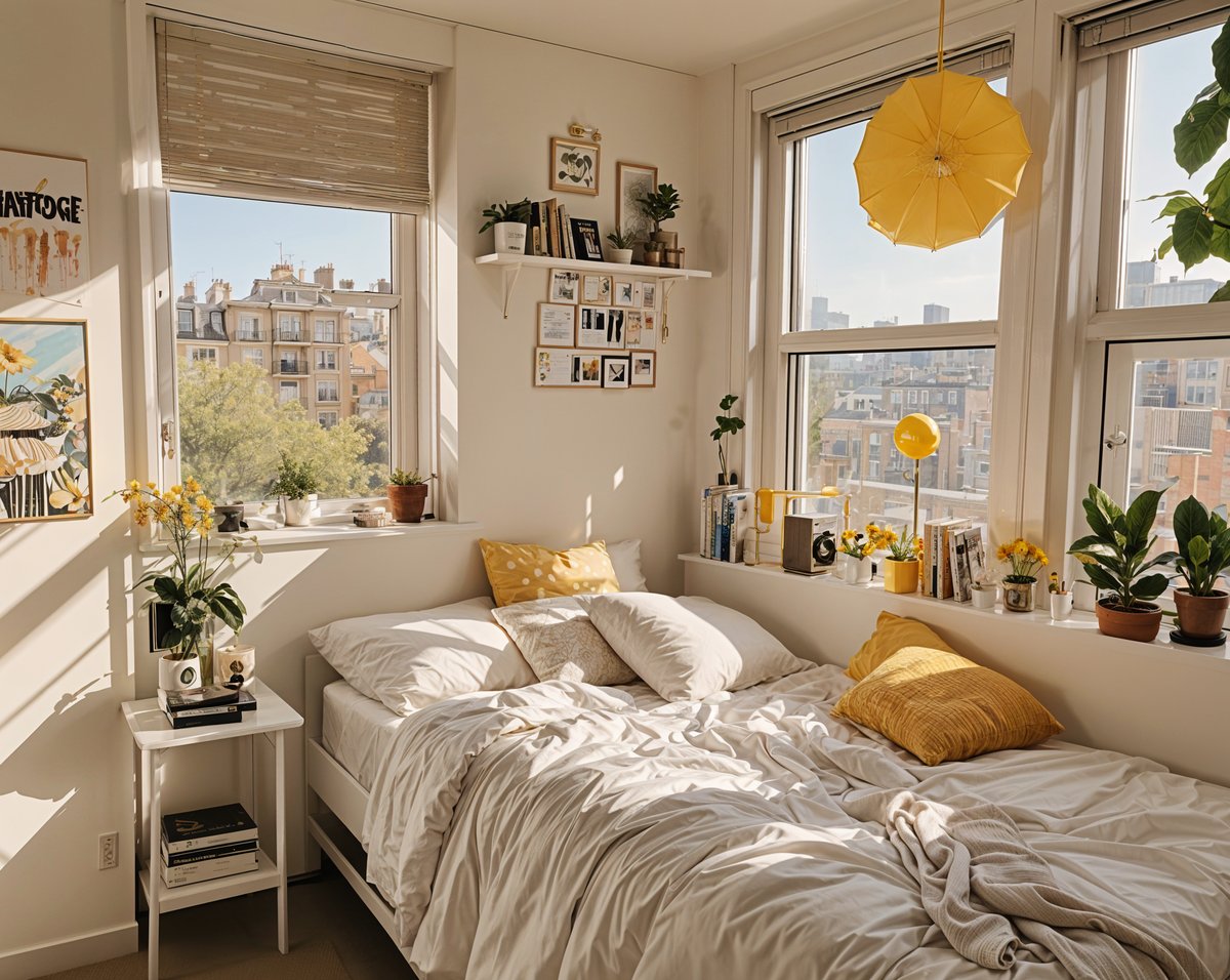 A dorm room with a white bed, yellow pillows, and potted plants. The window offers a view of the city.