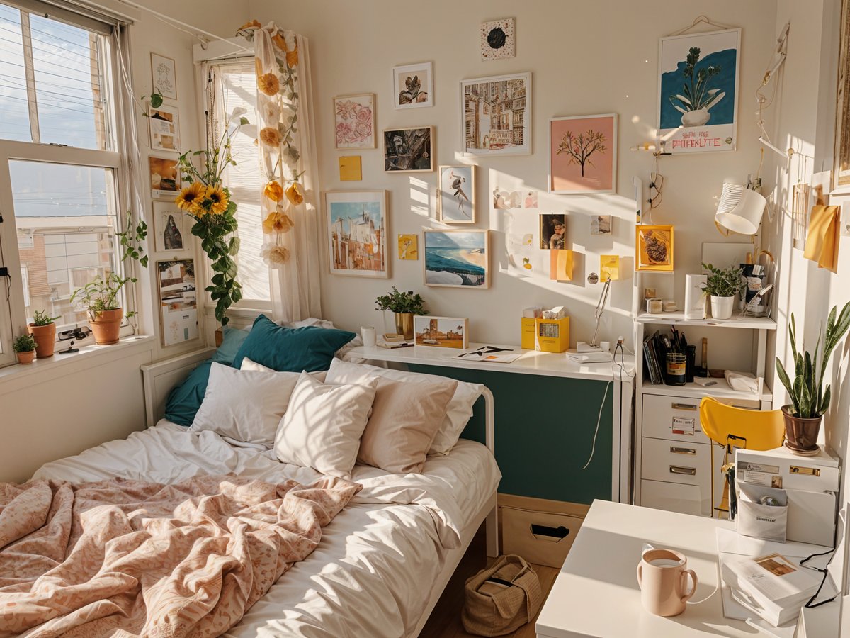 A bedroom with a bed, desk, and shelves. The room is decorated with various artwork and plants, creating a warm and inviting atmosphere.