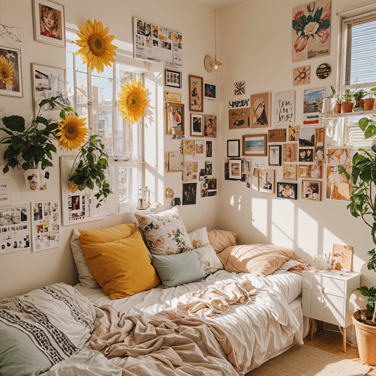 A bedroom with a bed, pillows, and a window. The walls are decorated with pictures and sunflowers, creating a warm and inviting atmosphere.