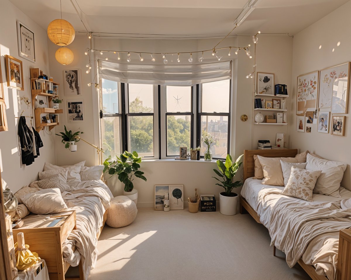 A cozy dorm room with two beds, a window, and a few decorations. The room is decorated with a string of lights and has a few potted plants. The beds are covered with white sheets and pillows, and there is a chair in the room as well.