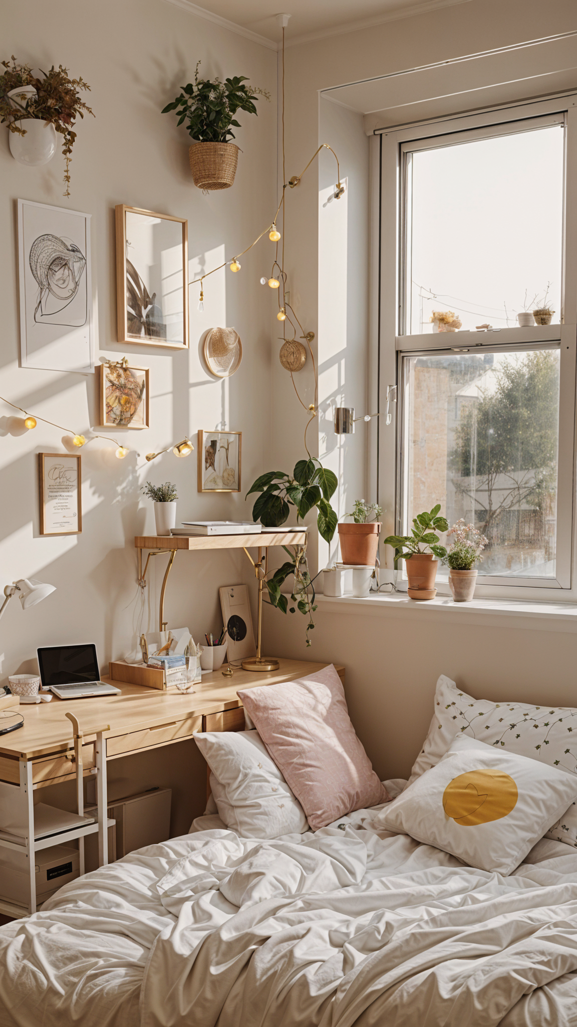 A dorm room with a bed, desk, and shelves filled with potted plants and pictures. The room is decorated with lights and has a window with a view of trees outside.