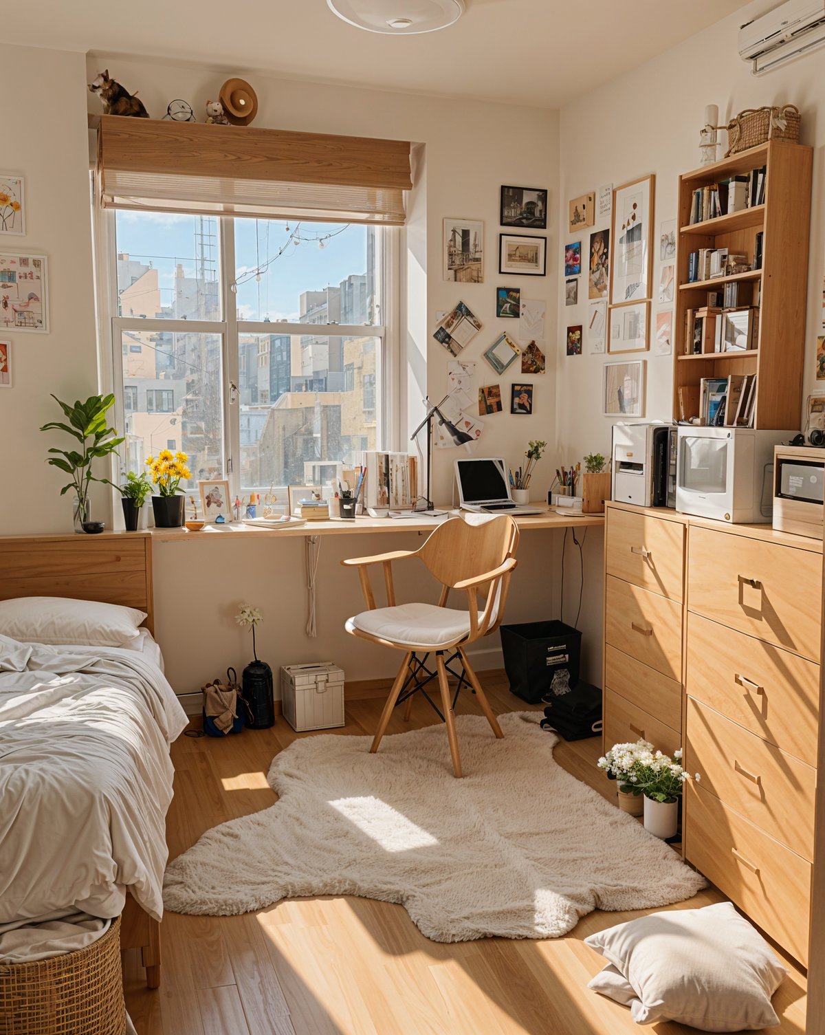 A small dorm room with a bed, chair, and desk. The room is brightly lit by a large window and has a cozy, lived-in feel.