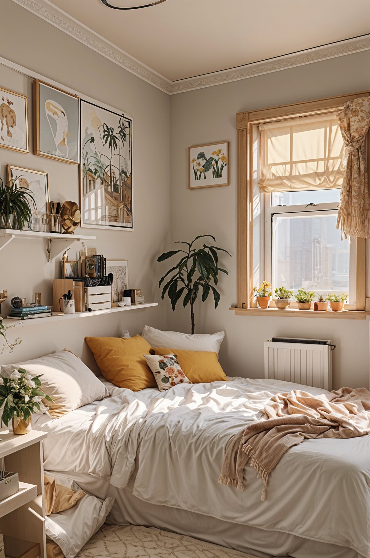 A bedroom with a bed and a window. The bed has a yellow pillow and a pillow with a picture on it. There are also several potted plants and vases in the room.