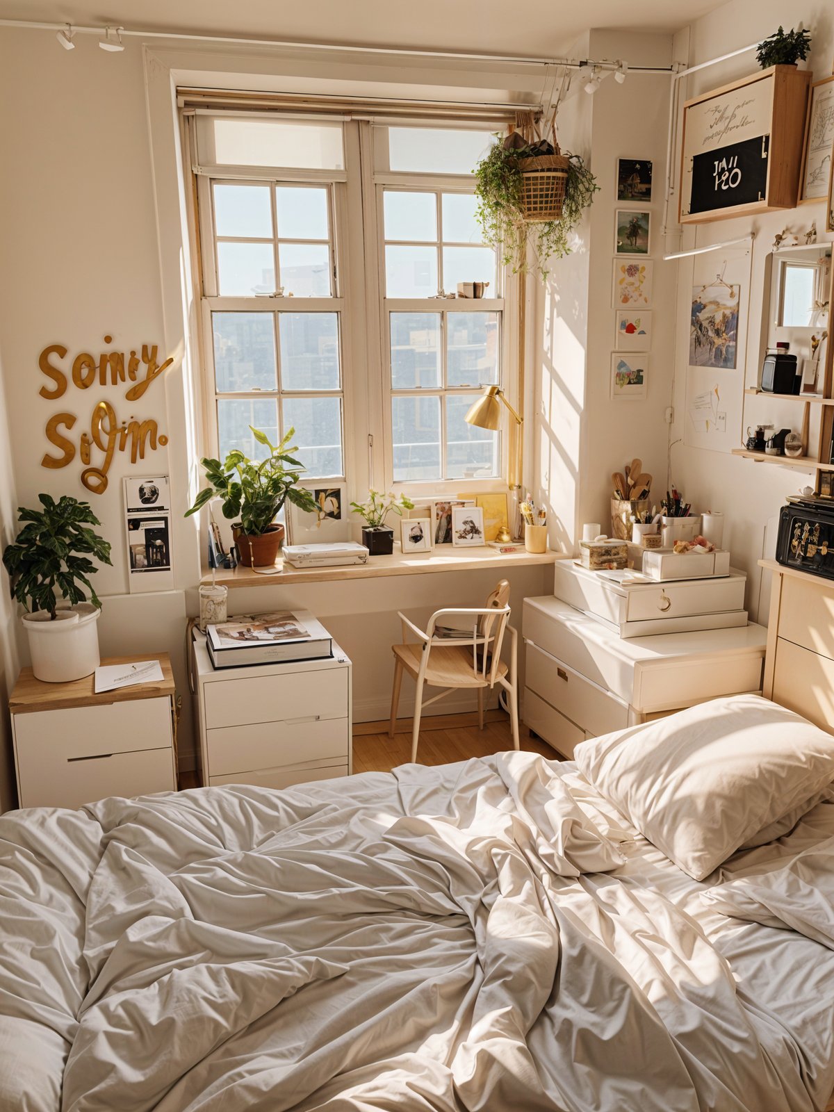 A cozy dorm room with a bed, desk, and chair. The room is filled with various items such as potted plants, books, and a vase.