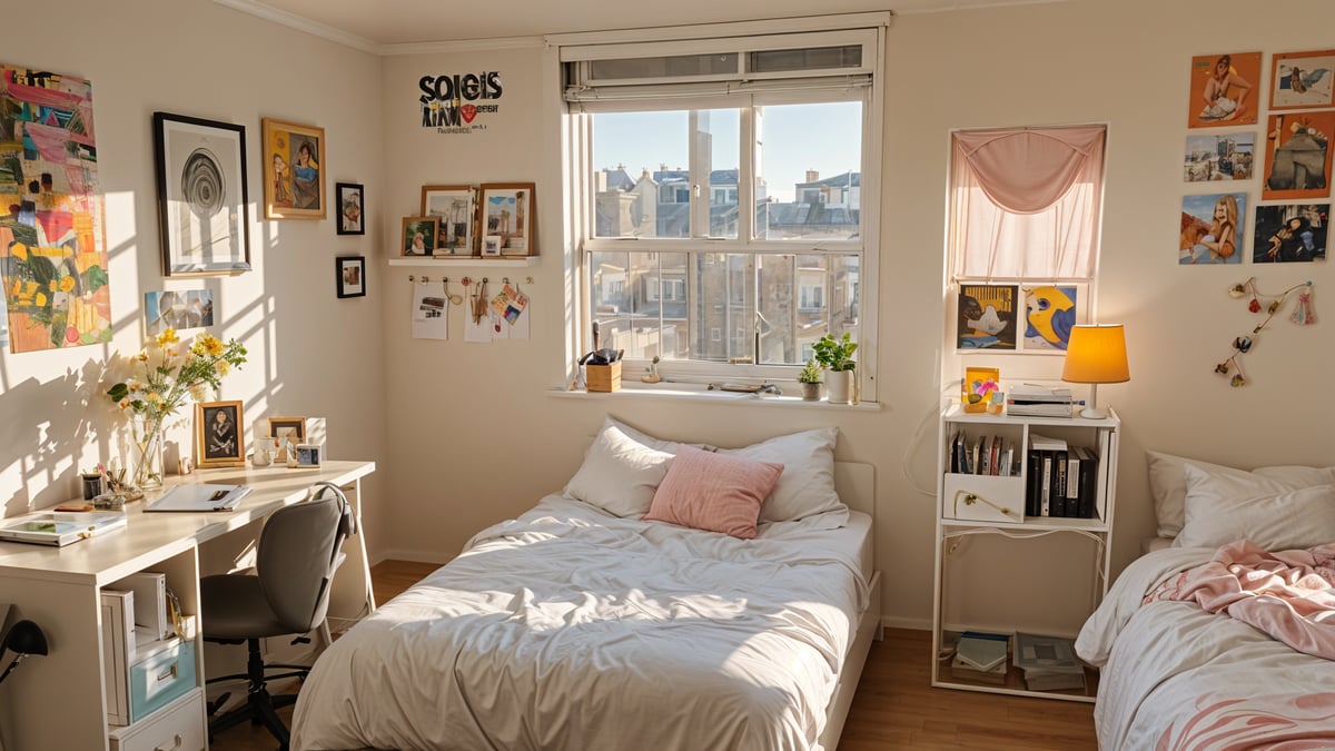 A small dorm room with a bed, a desk, and a window. The bed has a white comforter and a pink pillow. There are also two potted plants in the room, one on the window sill and one on the desk.