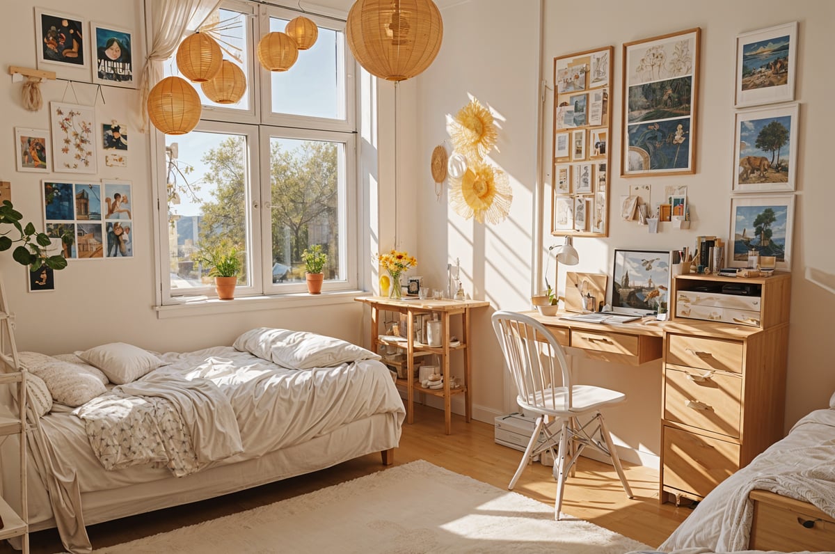 A cozy dorm room with a bed, desk, and chair. The room is decorated with various items such as potted plants, vases, and pictures.