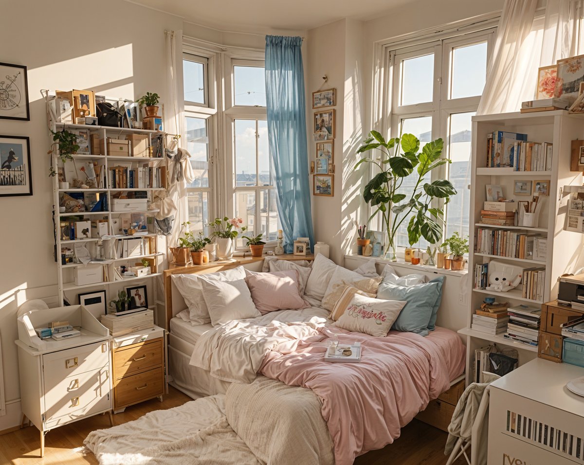 A cozy dorm room with a large bed, a window, and a bookshelf filled with books. The bed is covered in pink sheets and has a white comforter. There are several potted plants throughout the room, adding a touch of greenery to the space. The bookshelf is filled with various books, indicating a love for reading.