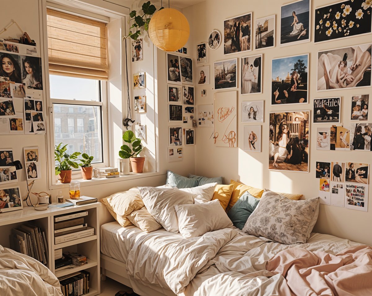 A bedroom with a bed, potted plants, and a wall full of pictures. The bed is covered in white sheets and has a yellow and blue throw pillow. The room is decorated with various potted plants, and the walls are adorned with numerous pictures.