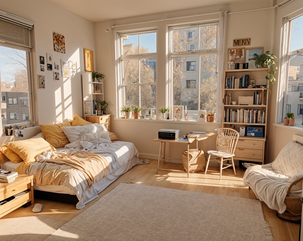 A cozy dorm room with a bed, desk, and chair. The room is bright and sunny, with a large window that allows natural light to fill the space. The bed is covered in a white comforter, and there are several potted plants and books scattered throughout the room. The desk is equipped with a laptop, and a chair is placed nearby for comfortable seating.