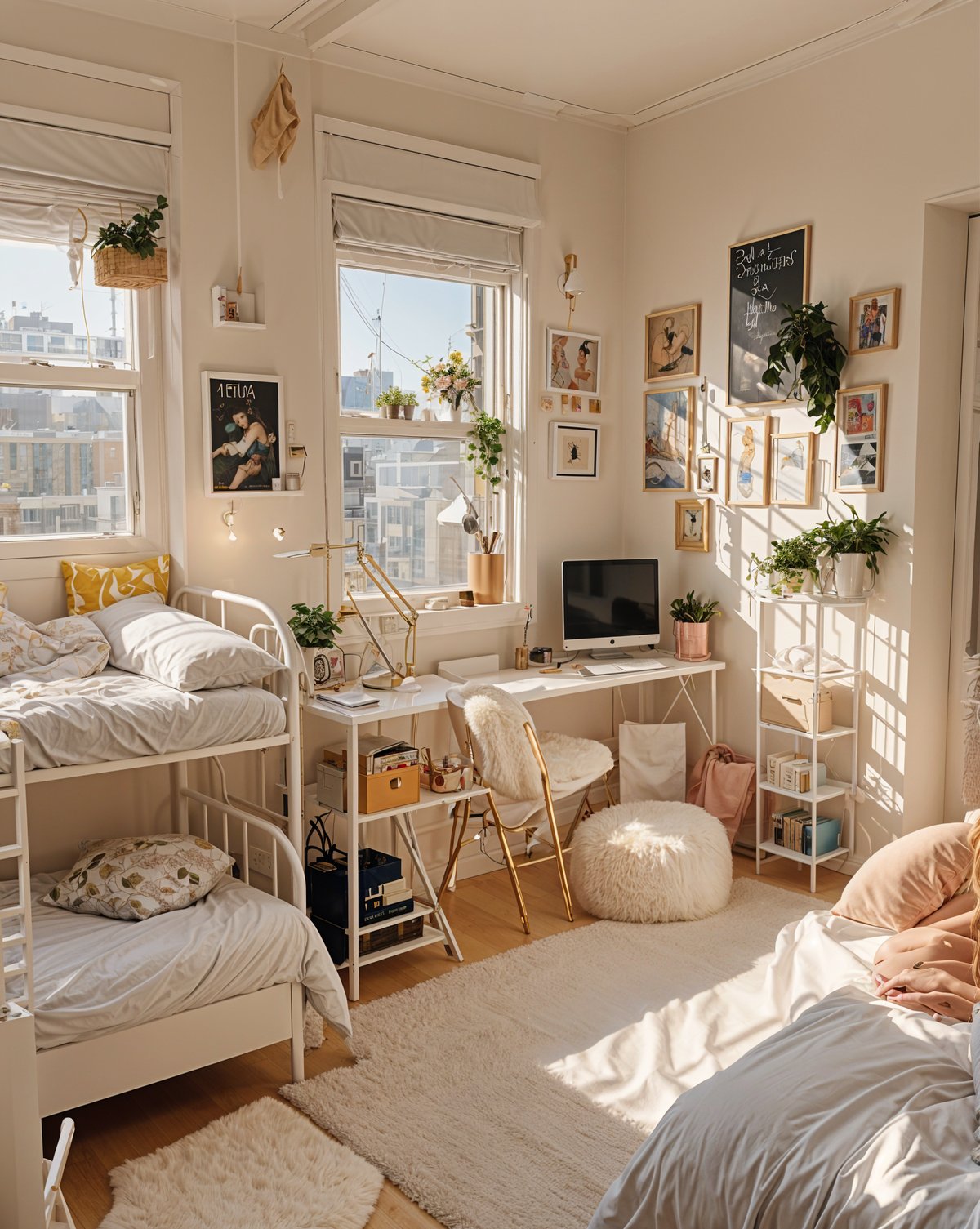 A dorm room with a bed, desk, and shelves. The room is decorated with pink and white accents and features a window with a view of the city.