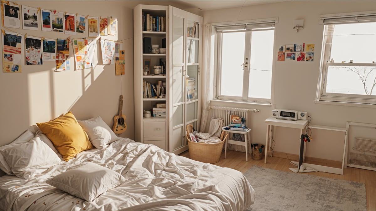 A cozy dorm room with a bed, bookshelf, and window. The room has a white color scheme and features a guitar on the wall.