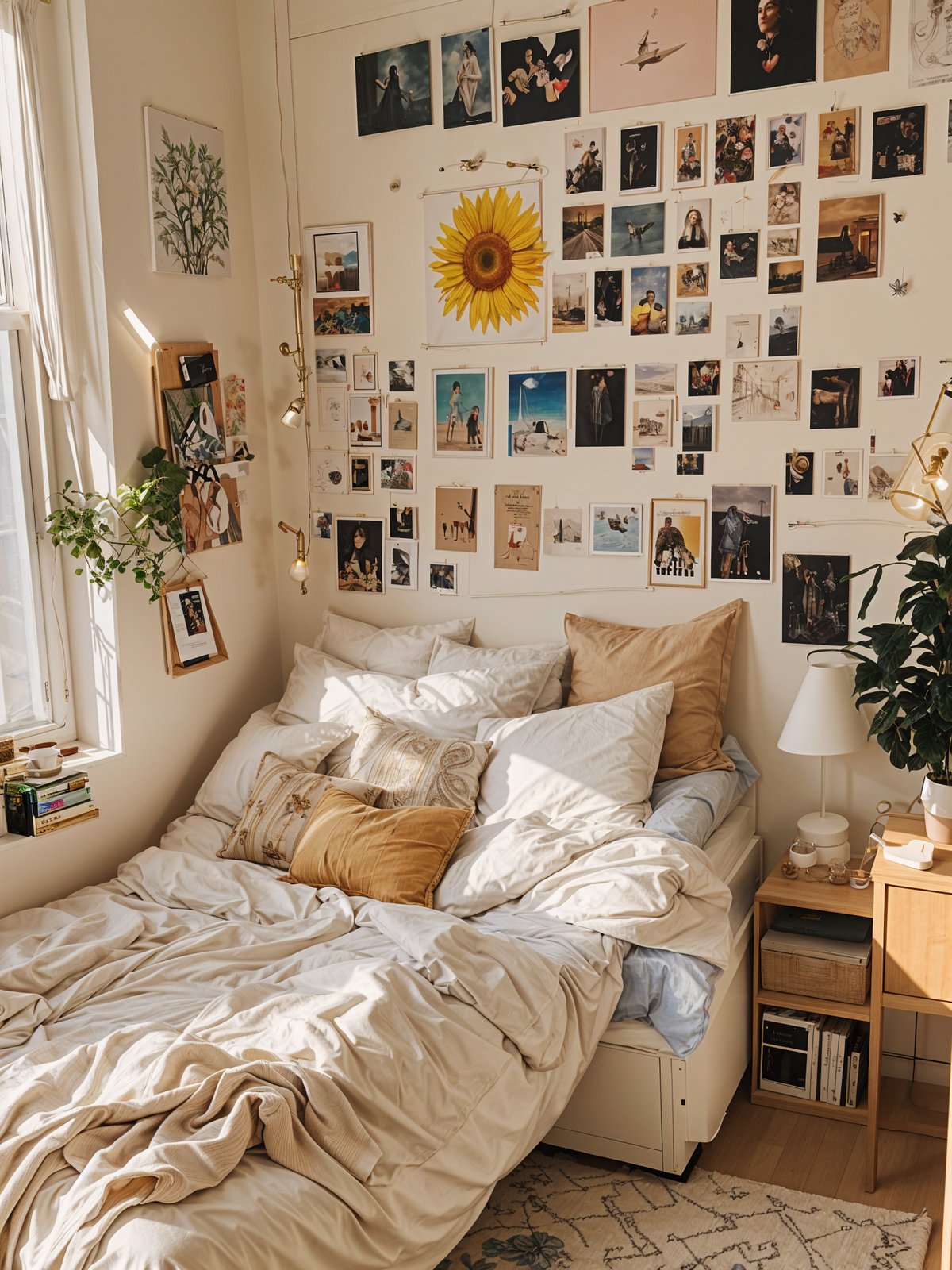 A bedroom with a bed, a sunflower picture, and various pictures on the wall. A potted plant is also present in the room.