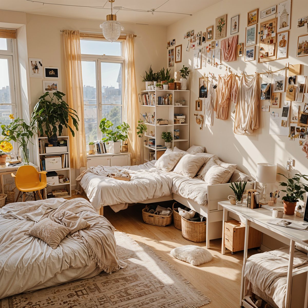 A cozy dorm room with two beds, a desk, and a window. The room is decorated with potted plants and pictures, creating a warm and inviting atmosphere.