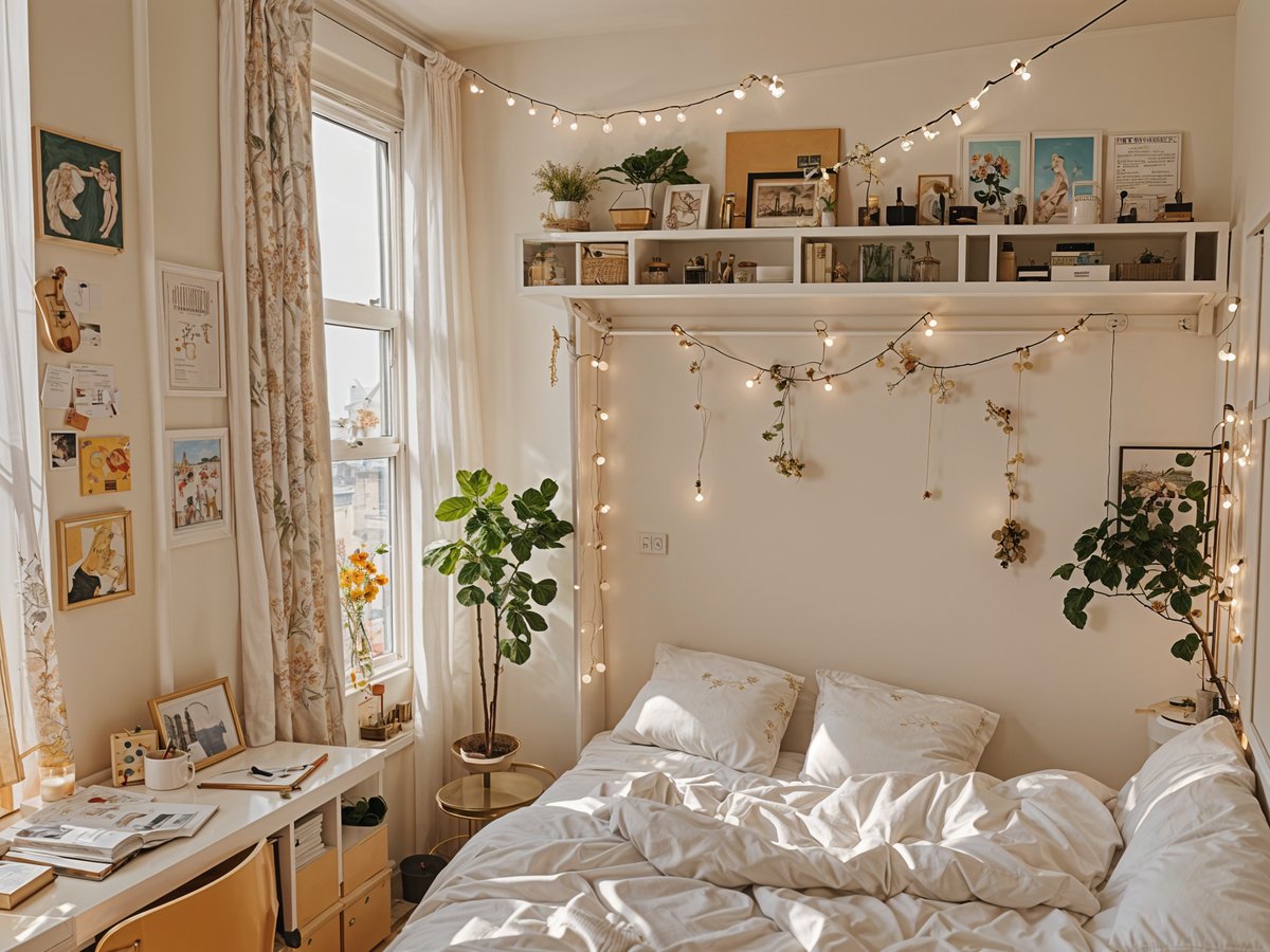 A cozy dorm room with a bed, a window, and a shelf with lights and plants. The bed is made with white sheets and has a white comforter. The room is decorated with a variety of potted plants and pictures on the wall. The window lets in natural light, creating a bright and inviting atmosphere.