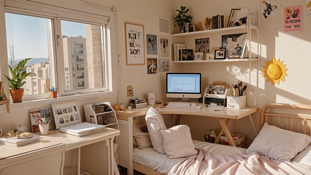 A dorm room with a bed, desk, and computer. The room is decorated with artwork and has a window view of the city.