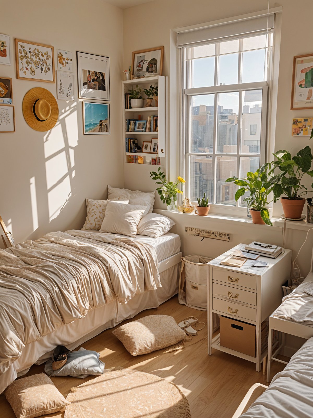 A white bed with a window and potted plants in a dorm room