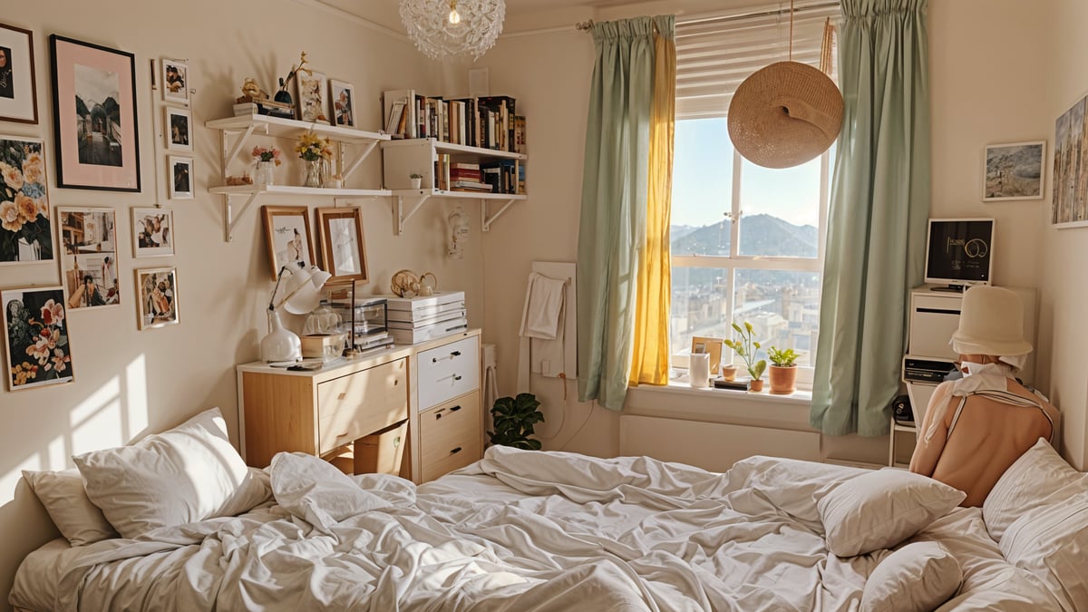 A view of a dorm room with a large bed, a dresser, and a window with a view of the city. The room is decorated with books, potted plants, and pictures.