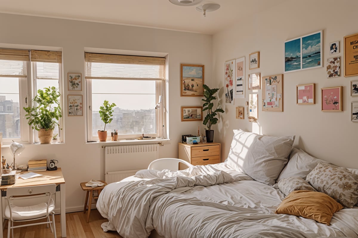 A cozy dorm room with a large bed, a window, and a desk. The bed is covered in white sheets and has a chair next to it. There are pictures on the wall and a potted plant in the room.