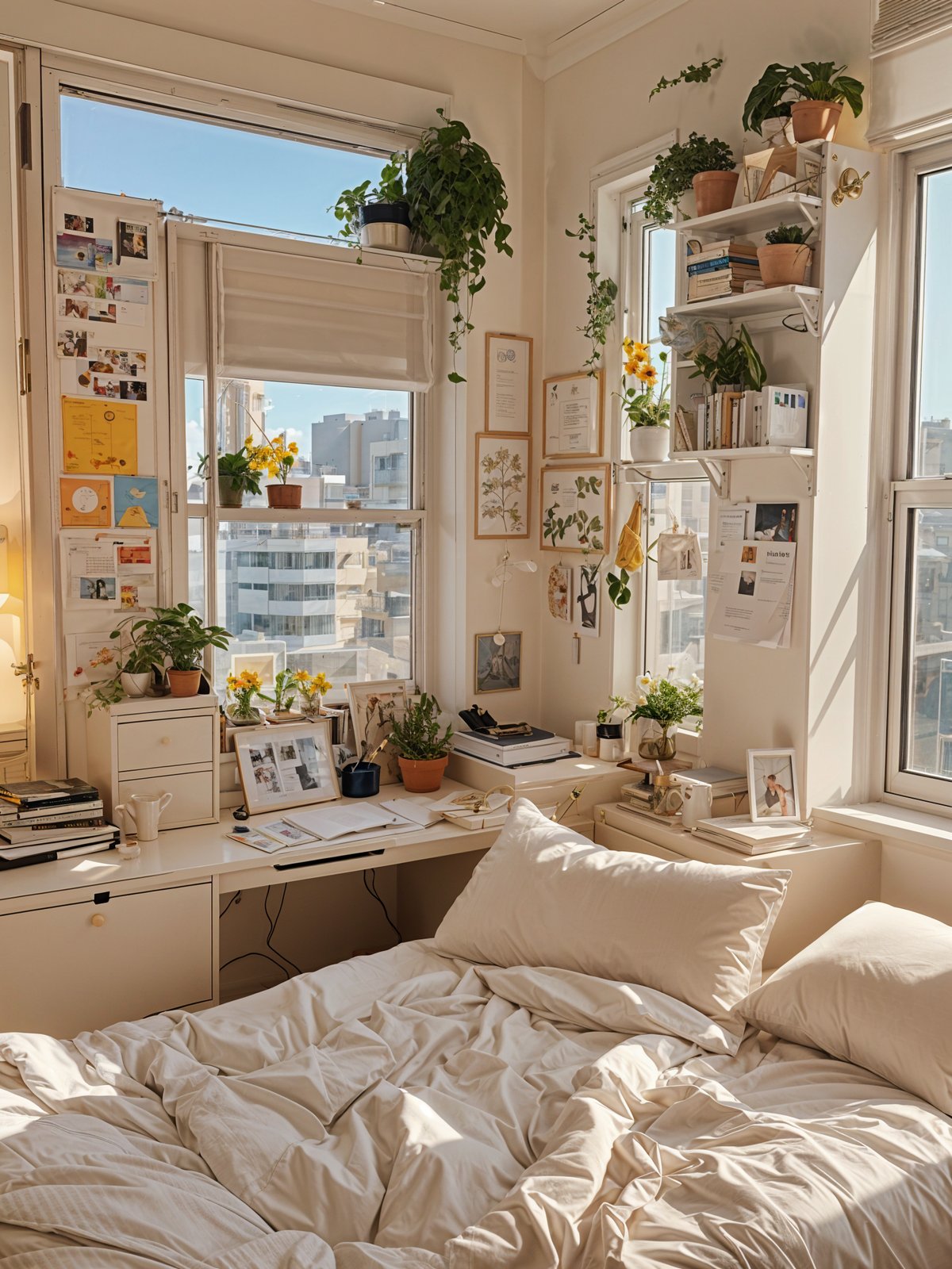 A cozy dorm room with a bed, desk, and plenty of plants. The room is decorated with artwork and has a large window that lets in plenty of natural light.