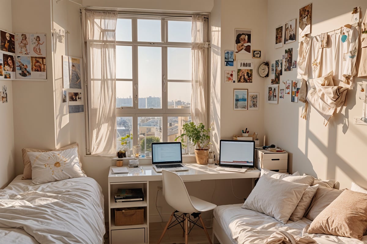 A dorm room with two beds, a desk with two laptops, and a potted plant. The room has a window with curtains and is decorated with pictures on the wall.