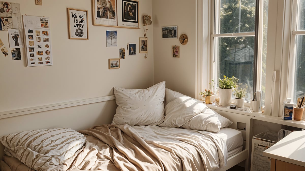 A bed with a white comforter and pillows in a dorm room. The room is decorated with pictures and a potted plant.