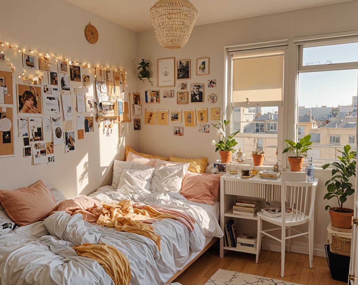 A cozy dorm room with a bed, a window, and a desk. The bed is covered in white sheets and has a pink blanket. There are several potted plants and pictures on the wall, creating a warm and inviting atmosphere. The desk is cluttered with various items, including books, a vase, and a cup. The room is well-lit by the sunlight coming through the window, making it a pleasant space to relax and study.