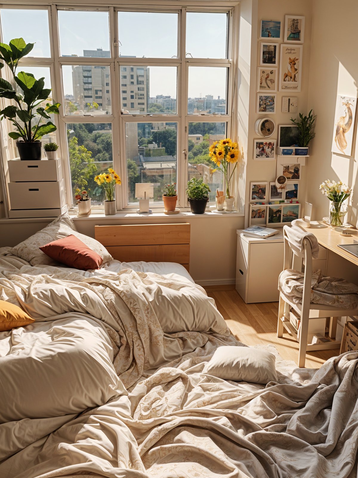 A cozy dorm room with a large bed and potted plants by the window.