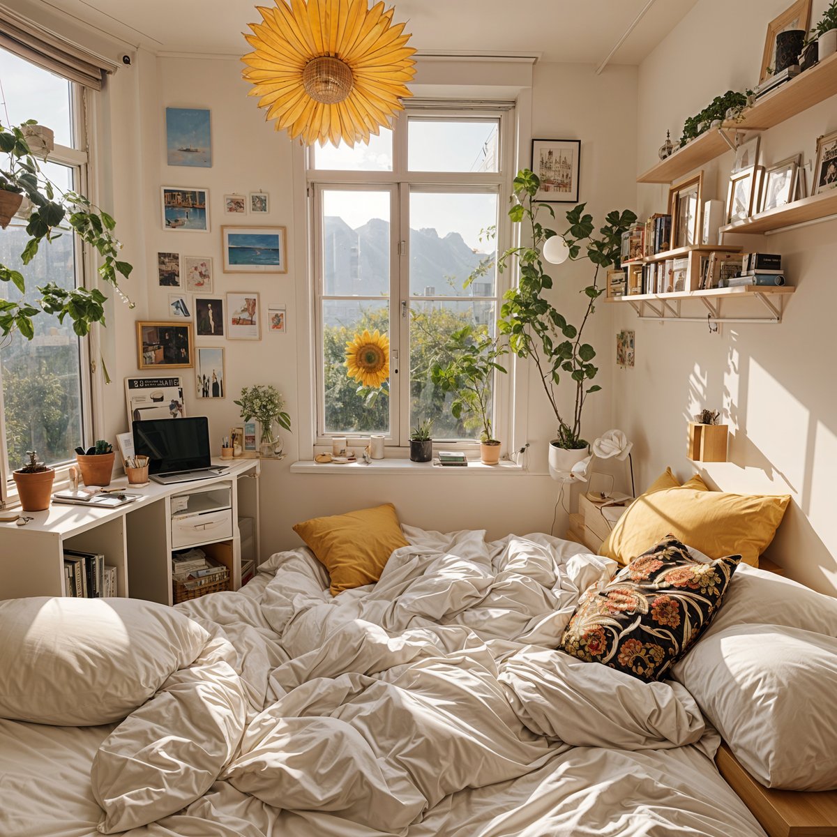 A bedroom with a large bed, a desk with a laptop, and a window with sunflowers. The room is decorated with various plants and pictures on the wall.