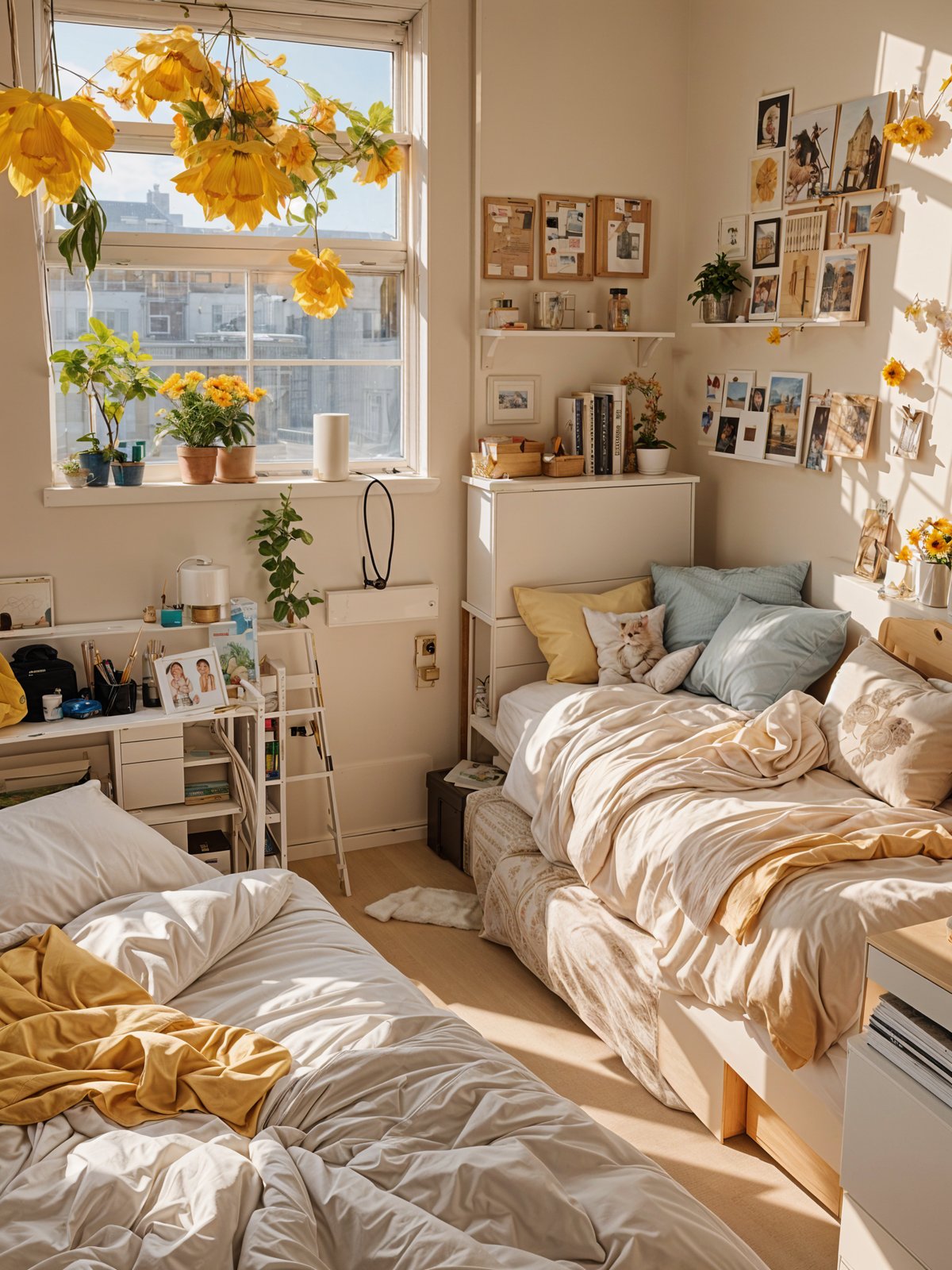 A cozy dorm room with two beds, a desk, and a window. The room is decorated with various plants and pictures, creating a warm and inviting atmosphere.