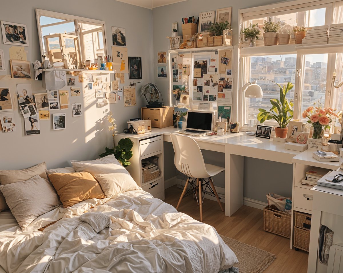 A cozy dorm room with a bed, desk, and various decorations. The room features a white bed with a white comforter and a laptop on the desk. The walls are adorned with numerous pictures and decorations, creating a personalized and inviting atmosphere. The room also has a potted plant and a chair, adding to the overall comfort and functionality of the space.