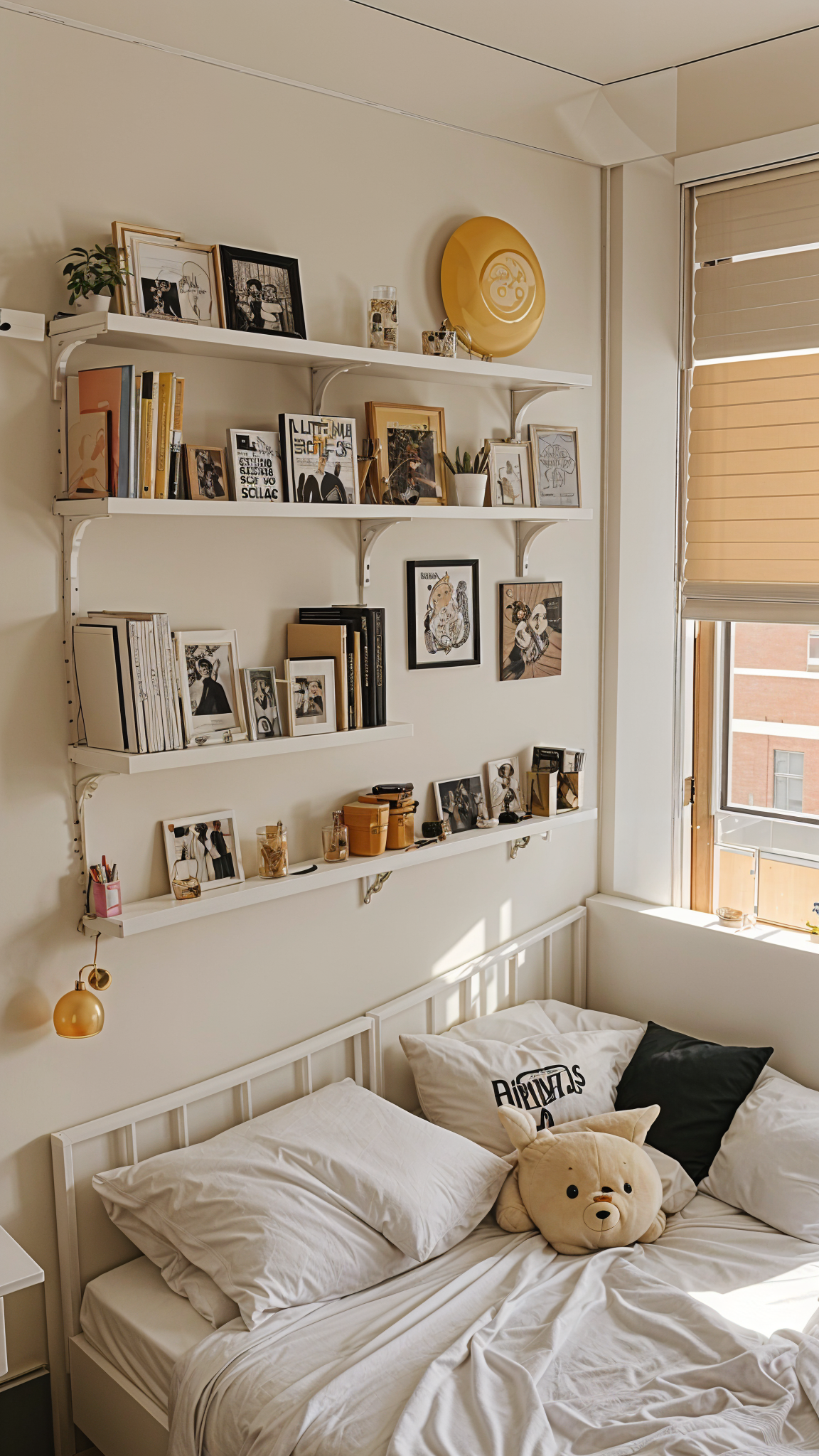 A bedroom with a bed, bookshelf, and window. The bookshelf is filled with books and pictures, and the bed has white and black pillows.