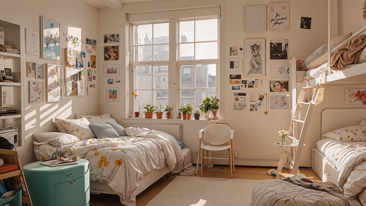 A cozy dorm room with a white bed, a chair, and a window with potted plants. The room is decorated with various artworks on the walls and a rug on the floor.