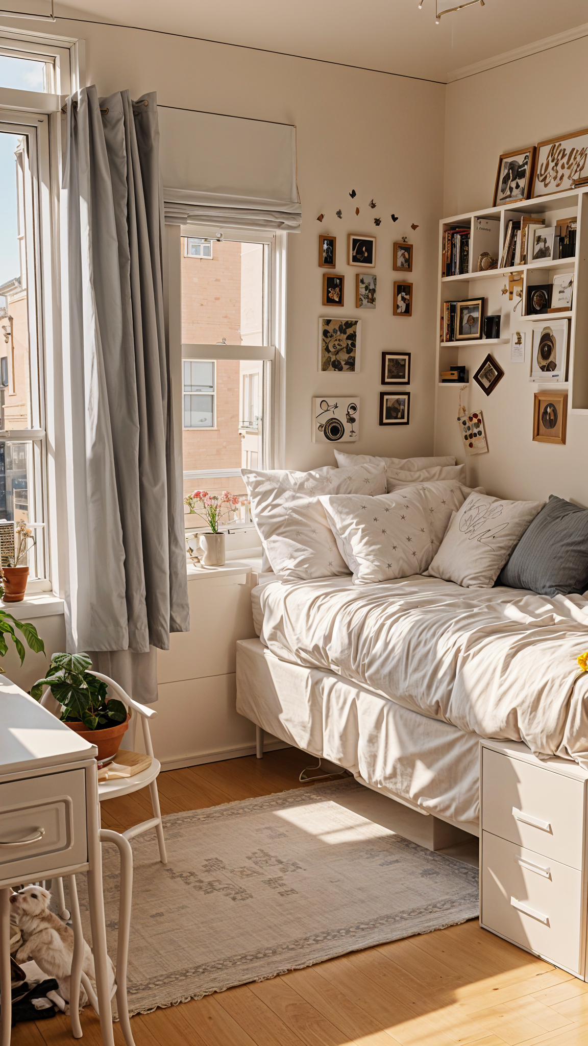 A cozy dorm room with a bed, a window, and a desk. The bed has a white comforter and is adorned with pillows. There is a chair next to the desk, and a potted plant on the desk.