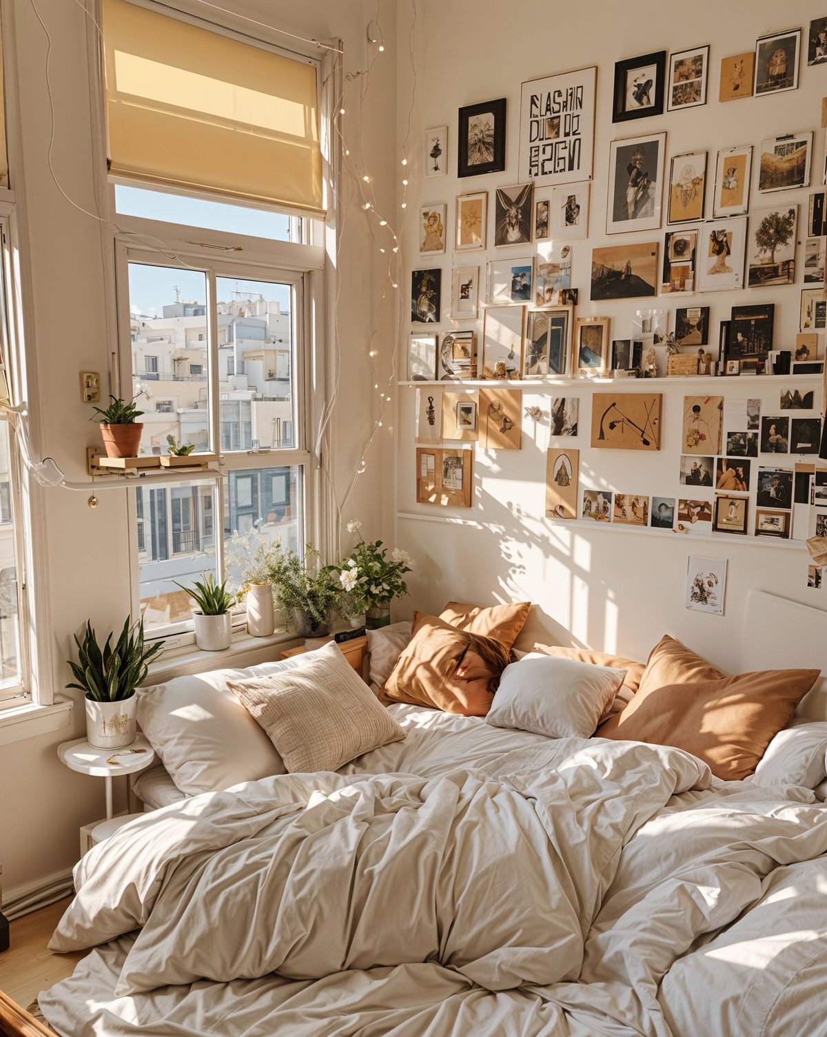 A cozy dorm room with a large bed, white sheets, and a window. The room is decorated with many pictures on the wall and has several potted plants. The bed is covered in white sheets and has a white comforter.