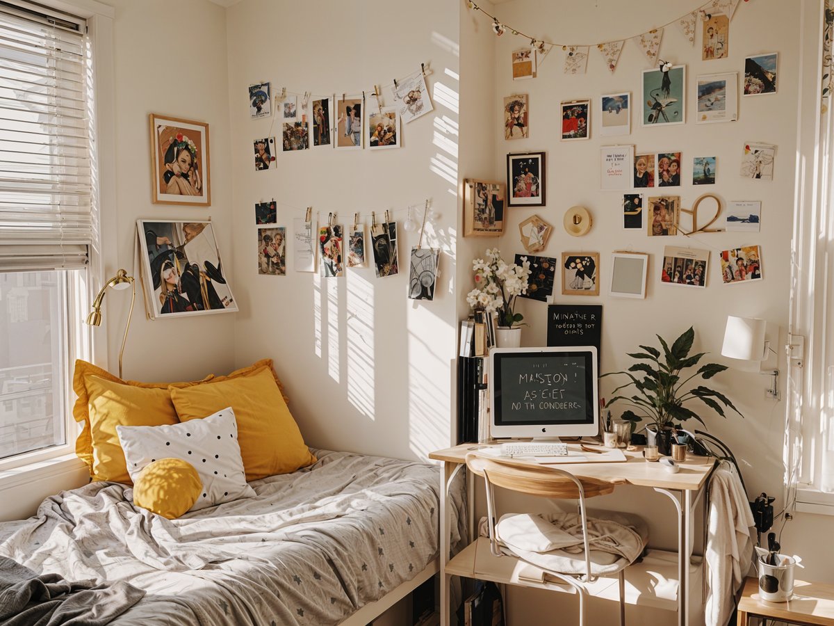 A dorm room with a bed, a desk, and a lot of pictures on the wall. The bed has a yellow pillow and a white pillow with a polka dot pattern. The desk is made of wood and has a computer on it. The room is brightly lit by sunlight coming through the window.