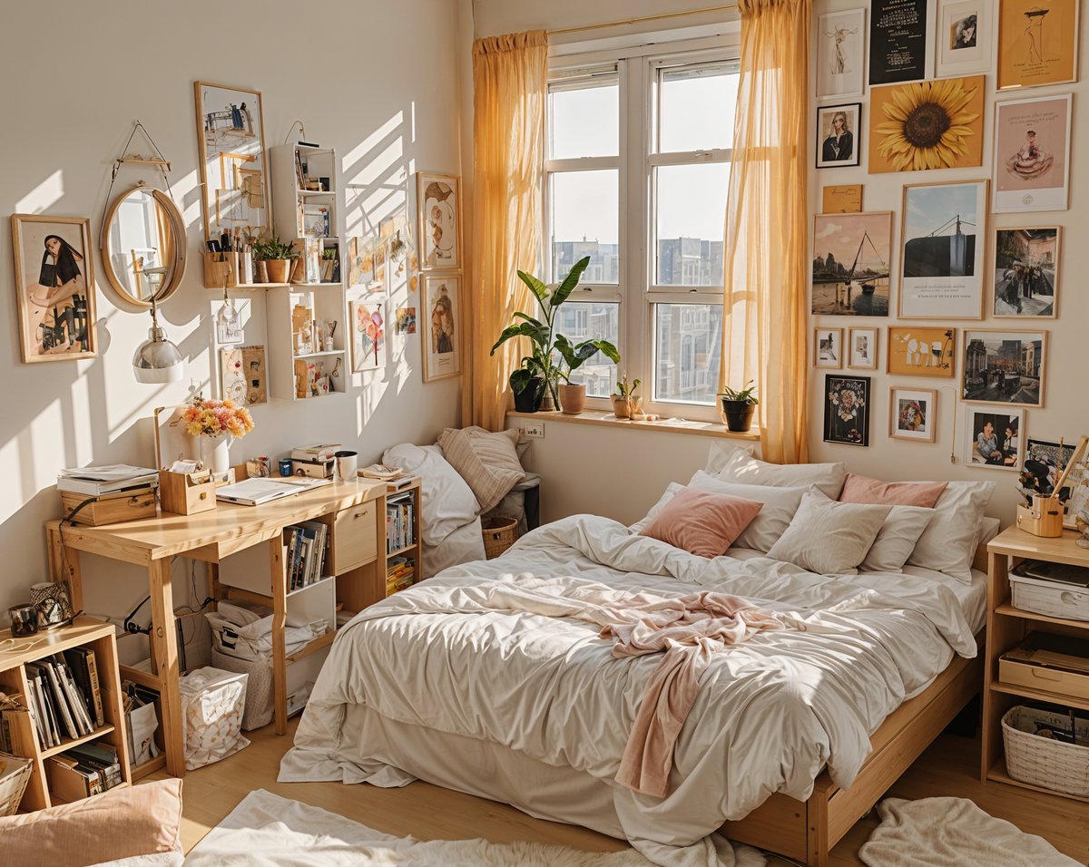 A cozy dorm room with a bed, desk, and windows. The room is decorated with various pictures, potted plants, and a mirror. The bed is covered with a white comforter and has pink pillows. The desk has a laptop and books on it. The room is filled with light from the sun shining through the windows.