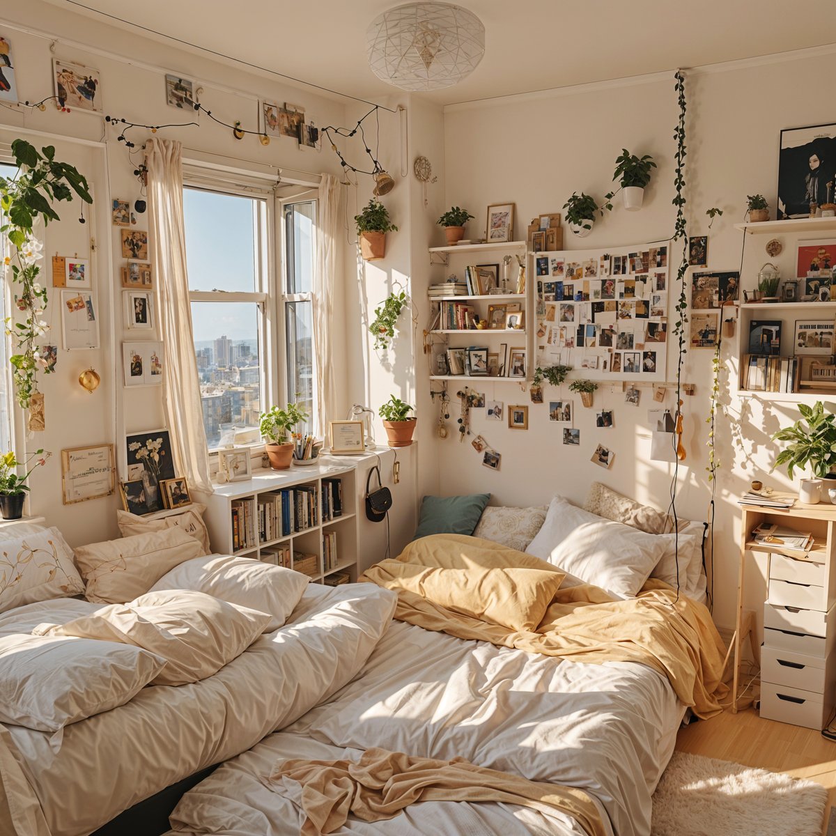 A bedroom with a large bed, potted plants, and a window overlooking the city.