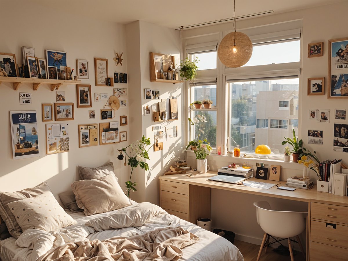 A cozy dorm room with a bed, desk, and window. The room is decorated with many pictures and plants, creating a warm and inviting atmosphere. The bed is covered with a white comforter and pillows, and there is a chair placed next to the desk. The desk is equipped with a laptop and a mouse, making it a functional workspace. The window allows natural light to fill the room, and the view of the city outside adds to the room's charm.