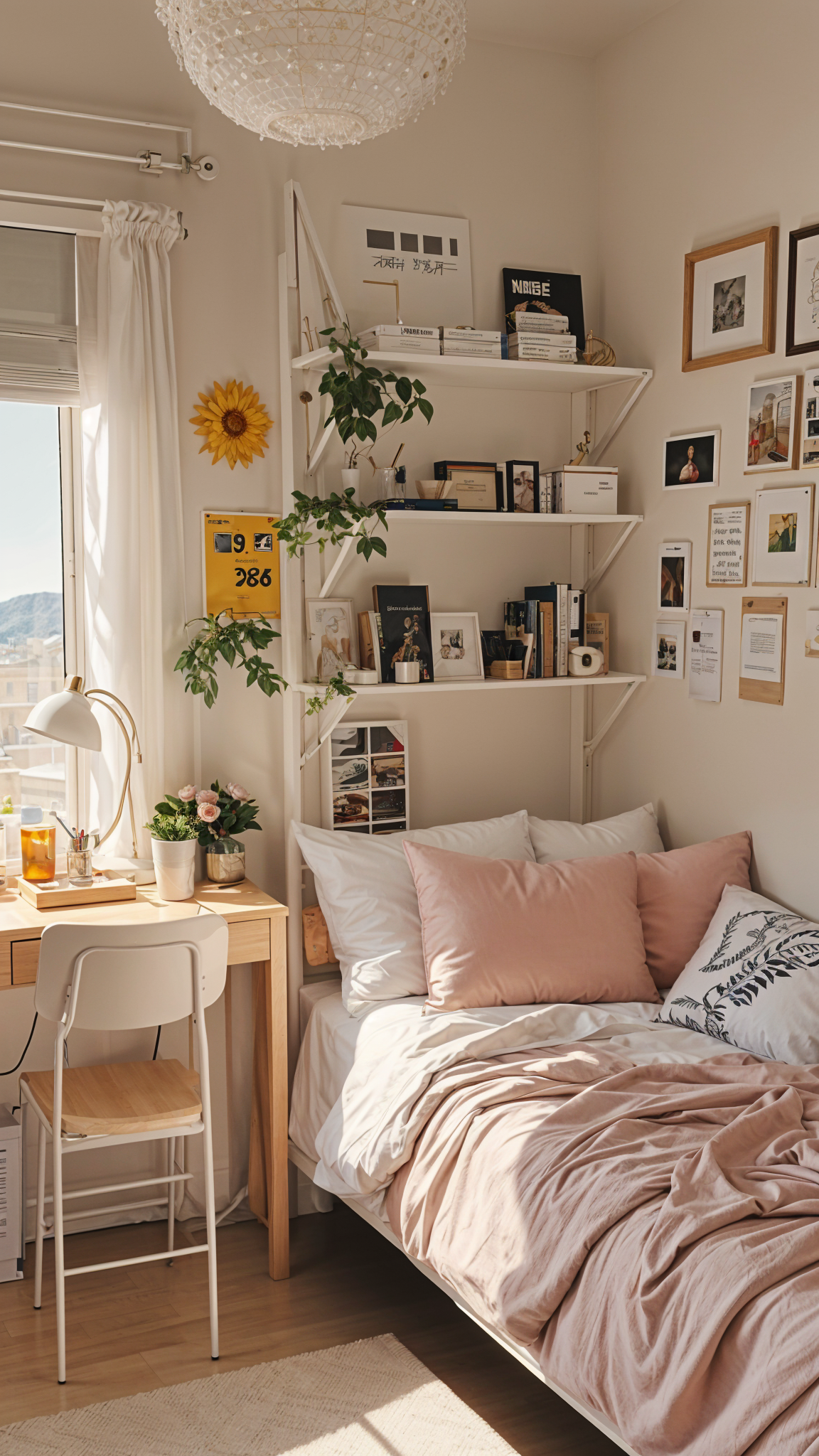 A dorm room with a bed, desk, and shelves. The bed is neatly made with a pink comforter and pillows. The room is decorated with various items such as a sunflower, potted plants, and books.