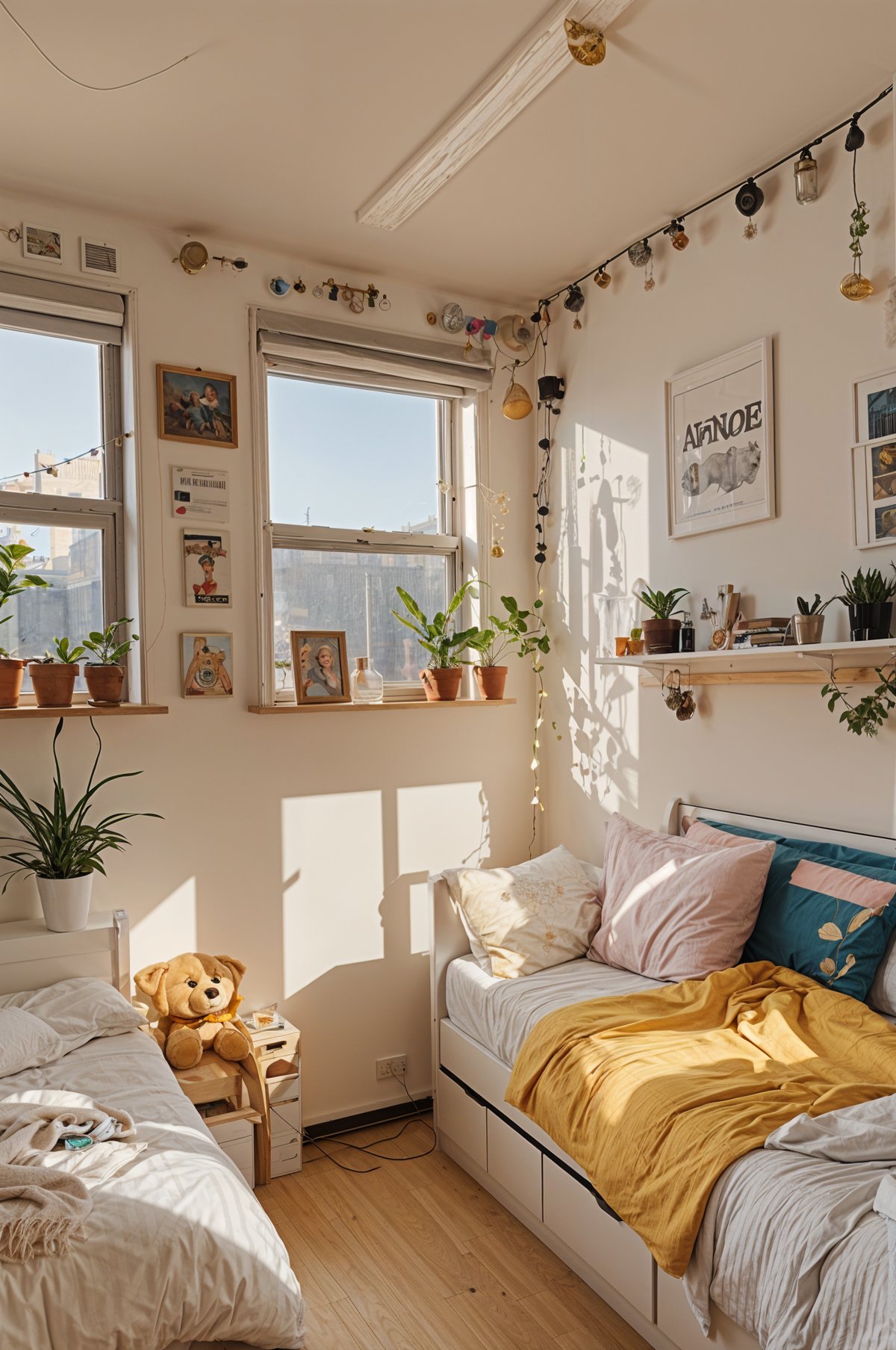 A cozy dorm room with a bed, window, and potted plants. The room is decorated with posters and pictures, creating a personalized and comfortable atmosphere.