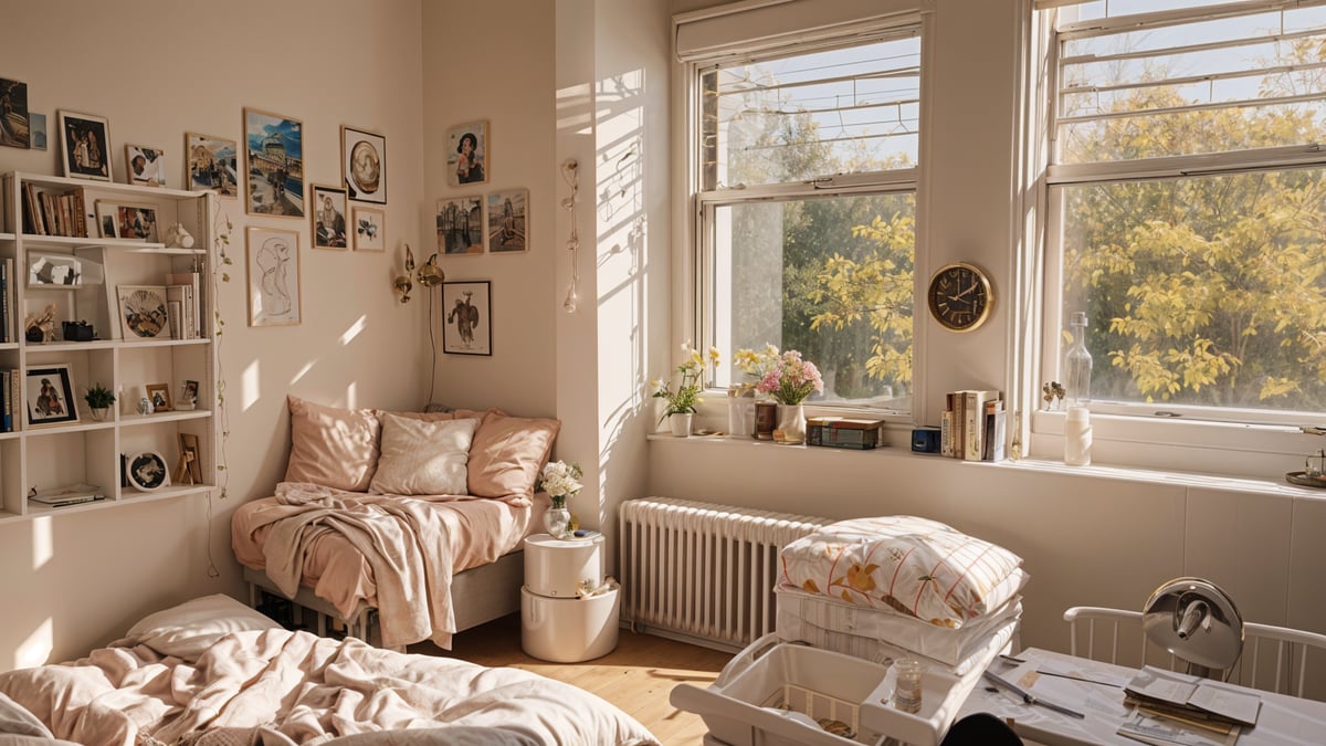 A cozy dorm room with a white theme and a large window. The room features two beds, a radiator, a small table, and a clock. There are also potted plants and vases adding to the room's decor. The room is well-lit by the sunlight coming through the window, creating a warm and inviting atmosphere.