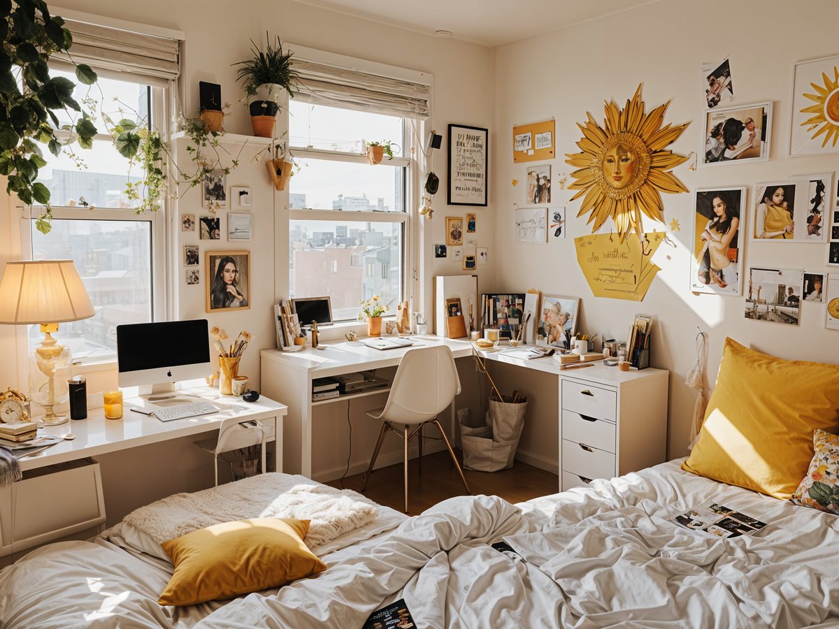 A dorm room with a bed, desk, and various decorations. The room is bright and sunny, with a large window letting in natural light.