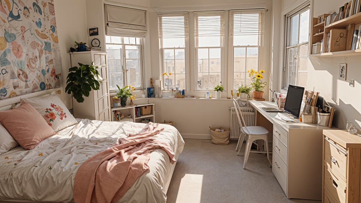 A bedroom with a bed, desk, and windows. The room is filled with plants and decorations, creating a cozy and inviting atmosphere.