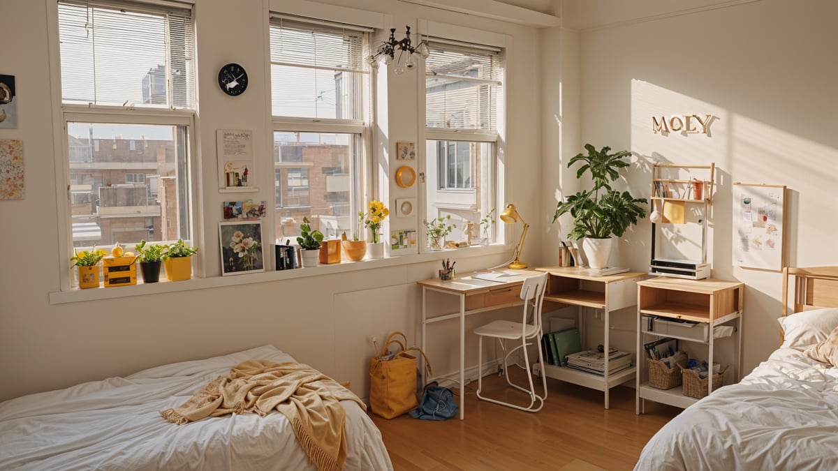 A brightly lit dorm room with a bed, desk, and chair. The room is decorated with potted plants and vases.