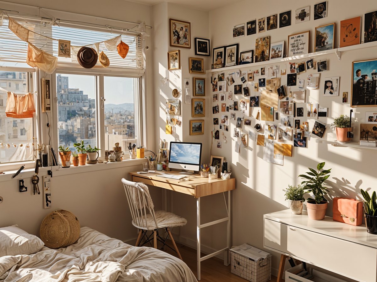 A small dorm room with a bed, desk, and a laptop on it. The room is decorated with many pictures and has a window with a view of the city. The desk has a laptop and a mouse on it, and there are several potted plants in the room.