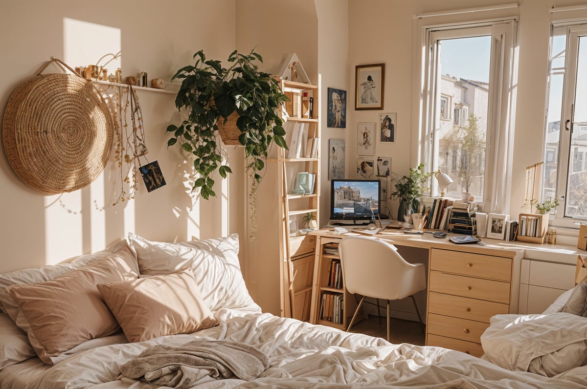 A cozy dorm room with a bed, desk, and a window.