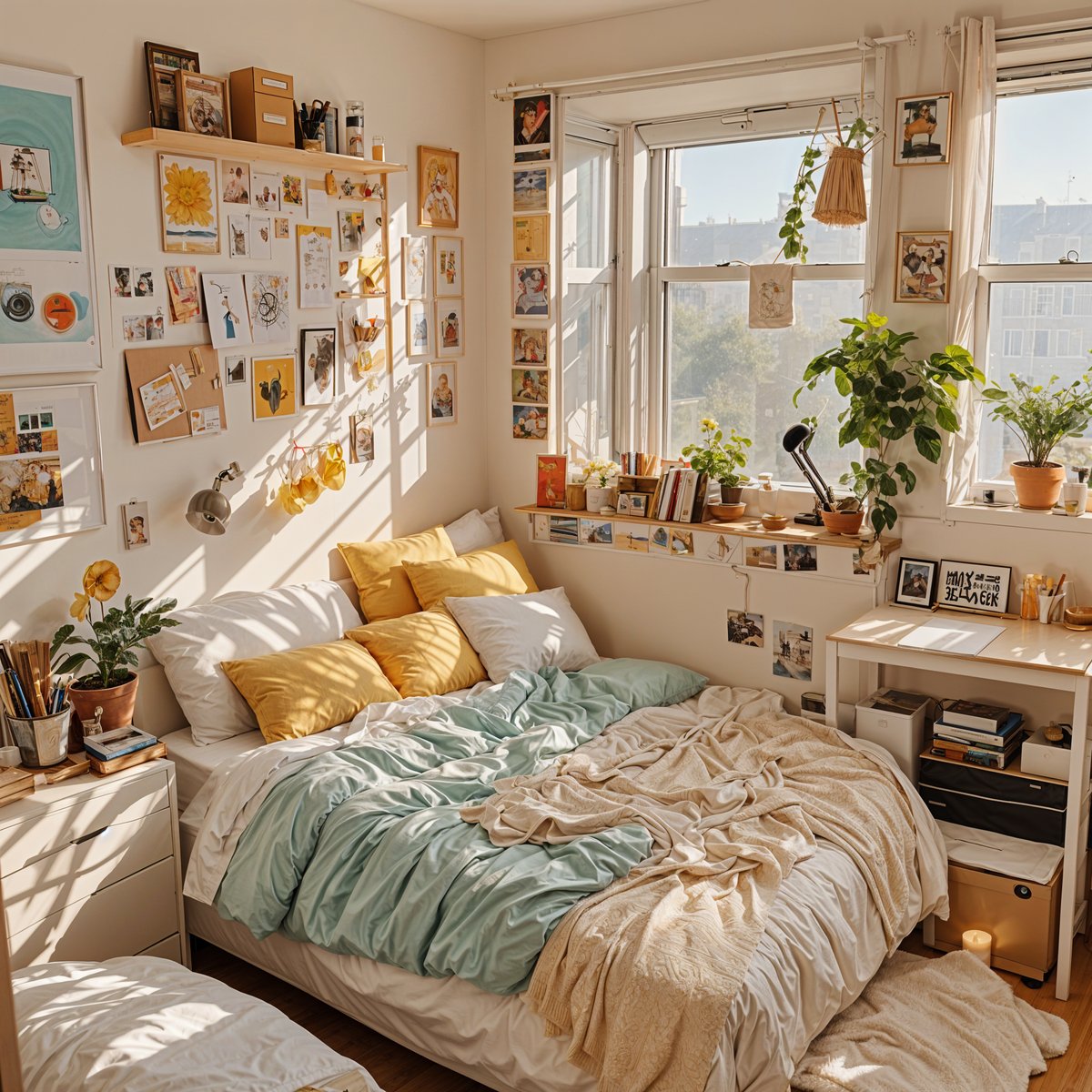 A cozy dorm room with a bed, a desk, and a window. The bed is covered in a white comforter and has yellow pillows. The room is decorated with various items such as potted plants, books, and pictures. The desk has a lamp and a vase on it. The window allows natural light to fill the room, creating a bright and inviting atmosphere.